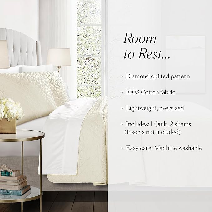 Lush Decor Ava Quilt Diamond Pattern Solid 3 Piece Oversized Bedding Blanket Bedspread Set - King - Ivory