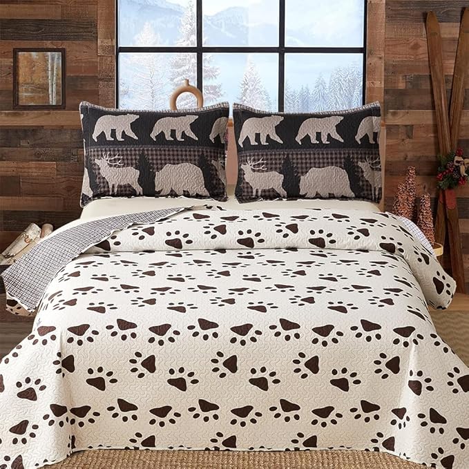 Ycosy Moose Bear Quilt Set Twin Size Plaid Bedding Red Black Patchwork Rustic Quilts Reversible Lodge Bear Bedspread Geometric Cabin Coverlet Lightweight Bedcover Woodland Decor(68"x 86")