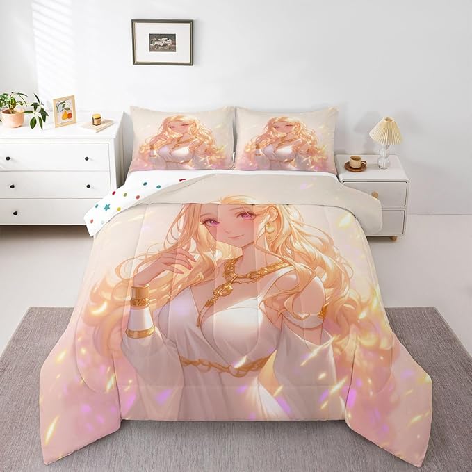 Erosebridal Kawaii Girly Comforter Set 3D Anime Gifts Bedding Sets, Japanese Girl Bedding for Kids Girls Lady Women Aesthetic Princess Bedding Comforter Sets King Size