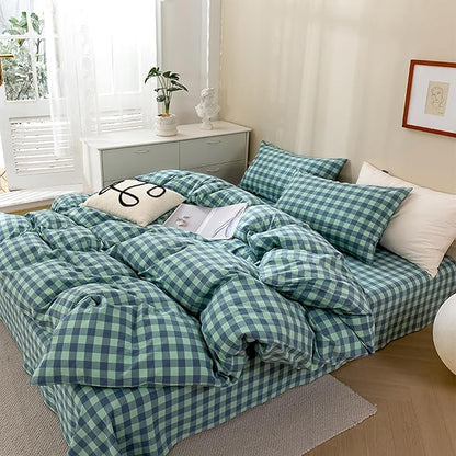 EAVD Mini Grid Plaid Duvet Cover Twin Soft Cotton Green Blue Plaid Bedding Set with 2 Pillowcases Modern Simple Checkered Geometric Duvet Cover with Zipper Closure