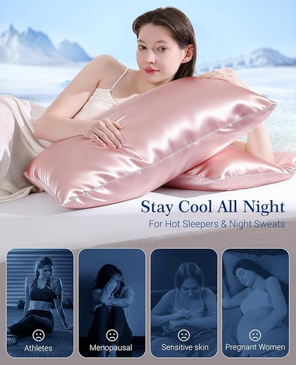 Elegear Cooling Pillow Cases for Hot Sleepers, Upgraded Arc-Chill Cooling Satin Pillowcase Q-max>0.5, Soft Silky Satin Pillowcase for Hair & Skin, Luxury Zipper Pillowcase Cover Set of 2-King,Pink