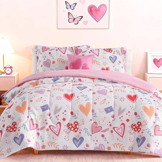 Twin Comforter Set for Girls-3 Pieces Heart Love Twin Bedding Sets for Kids,1 Comforter,1 Sham and 1 Decor Pillow