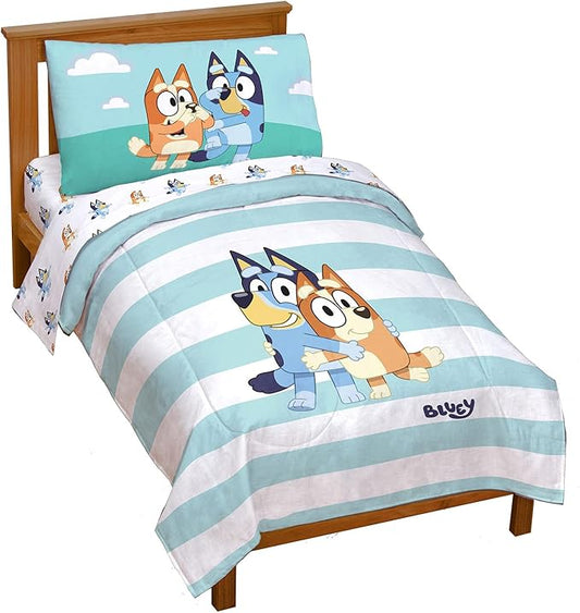 Jay Franco Bluey & Bingo 4 Piece Toddler Size Bed Set – Super Soft Microfiber Bed Set Includes Size Comforter & Sheet Set (Official Bluey Products)