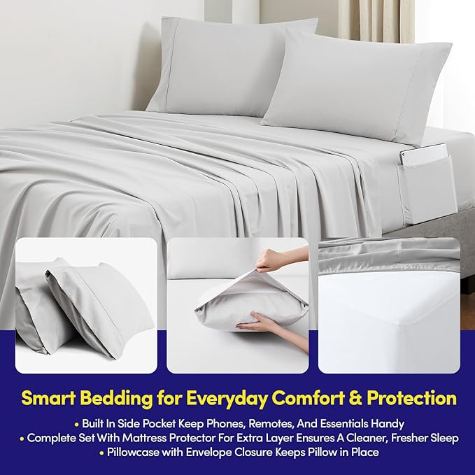 Queen Comforter Set Quilted Stripe Bedding Bundle – Comforter, Mattress Protector, Sheets with Pockets on the Side & Built-in Corner Strap – Fitted Sheet Media Pocket for Devices, Gray/Silver