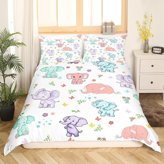 Cartoon Elephant Duvet Cover Twin Size,Watercolor Flowers Leaves Butterfly Bedding Set for Kids Teens,Cute Wild Animal Elephants Comforter Cover Soft Quilt Cover,No Comforter
