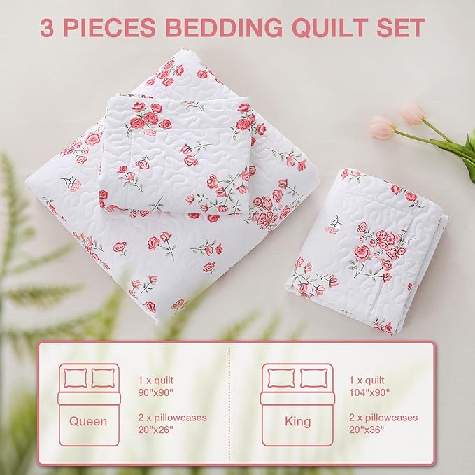 Pink Floral Quilt Set Queen Size - Reversible Shabby Chic Bed Quilts Lightweight Girly Bedding Bedspreads Quilted Coverlets with 2 Pillow Shams for All Seasons (90"×90")