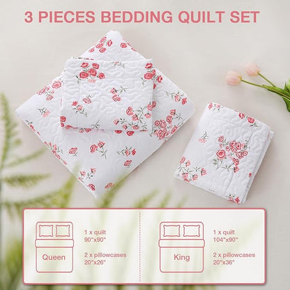 Pink Floral Quilt Set Queen Size - Reversible Shabby Chic Bed Quilts Lightweight Girly Bedding Bedspreads Quilted Coverlets with 2 Pillow Shams for All Seasons (90"×90")