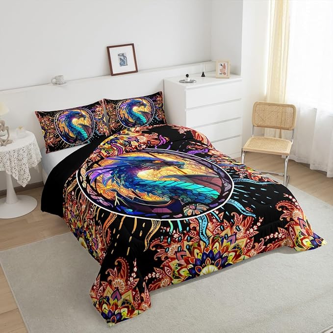Feelyou Dragon Comforter Set Queen Size Dragon Stuff Comforter for Boys Girls Teens 3D Print Animal Bedding Set Dragon Decor Duvet Set Room Decor Golden Quilt Set
