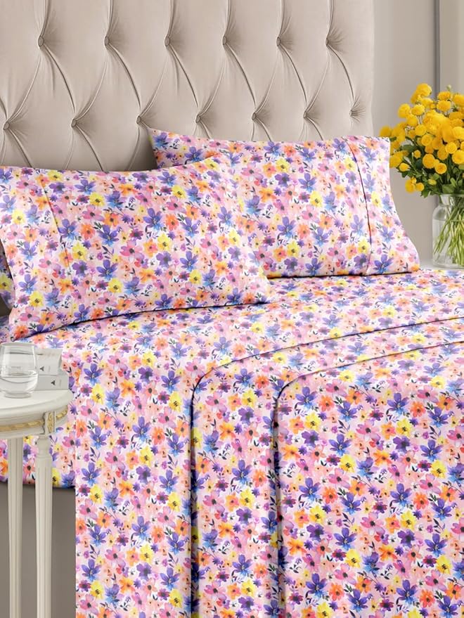 Floral Sheets - Pink Flower Bed Sheet Set - 1 Flat, 1 Fitted & 2 Pillowcases w/ Deep Pockets - Comfy, Cozy, Wrinkle & Fade Free - Boho Botanical Bedding - Soft, Breathable and Cooling - Full Size Set