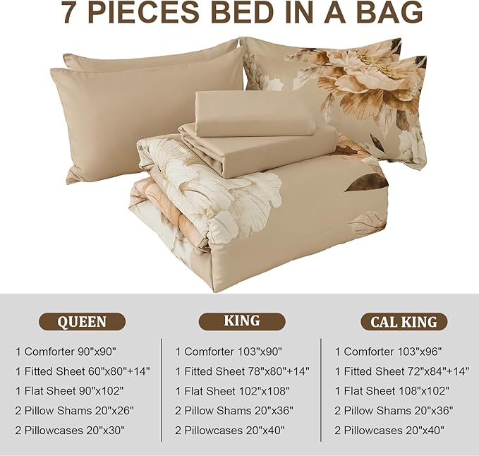 Dobuyly California King Comforter Set 7 Piece Bed in a Bag, Taupe Floral Printed on Khaki Fall Comforter Set with Sheets, Soft Microfiber Farmhouse Complete Bedding Set for All Season