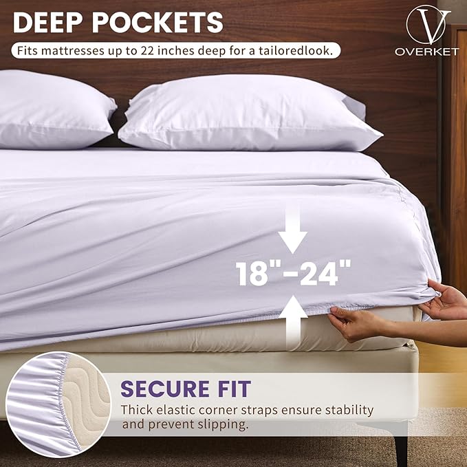 100% Linen Sheet Set Queen Size Extra Deep Pocket Fits 18-24 Inch Mattress, Breathable & Soft, Smooth 6-Piece Set for Thick Mattresses Hotel Luxury Bedding（Queen, Light Purple）