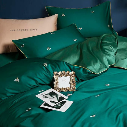 mixinni Dark Green Duvet Cover Full Size, 100% Long Staple Cotton Honeybee Floral Pattern 3pc Bedding Duvet Cover Set with Zipper Ties 2 Pillowcases Perfect for Him and Her-Full Size