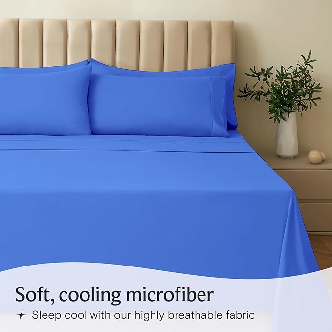 LuxClub 4 PC Sheet Set Bed Sheets Deep Pockets 16" Eco Friendly Wrinkle Free Cooling Machine Washable Hotel Bedding Silky Soft - Marine Blue King