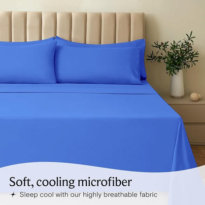 LuxClub 4 PC Sheet Set Bed Sheets Deep Pockets 16" Eco Friendly Wrinkle Free Cooling Machine Washable Hotel Bedding Silky Soft - Marine Blue King