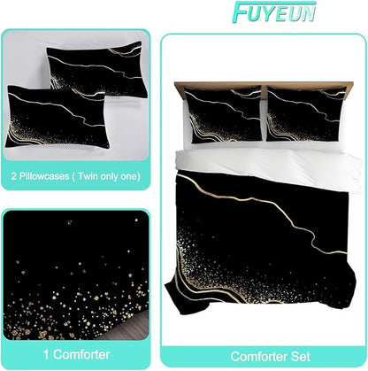 Marble Comforter Set Full/Queen Size Black and Gold Bedding for Girls Teen Women Men Bedroom Decor Texture Luxury Marbling Quilt Bed Sets, 1 Comforter 2 Pillowcases