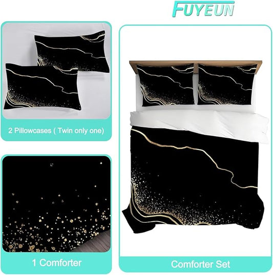 Marble Bedding Set King Size Black and Gold Comforter for Men Women Girls Boys Bedroom Decor Texture Luxury Marbling Quilt Bed Sets, 1 Comforter 2 Pillowcases