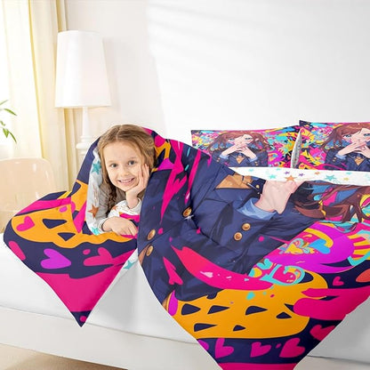 Erosebridal Anime Girl Queen Bedding Set, Japanese Anime Comforter Set 3 Piece for Kids Girls Teens Adult Bedroom Decor, Cartoon Girl Quilt Kawaii Japanese Animation Bedding Comforter Sets
