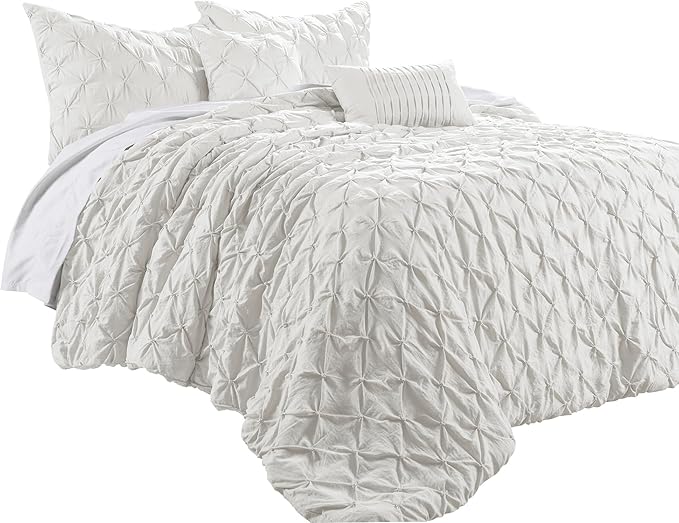 Lush Decor Ravello Pintuck Comforter Set - Luxe 5 Piece Textured Bedding Set - Traditional Glam & Farmhouse Inspired Bedroom Decor - King, White