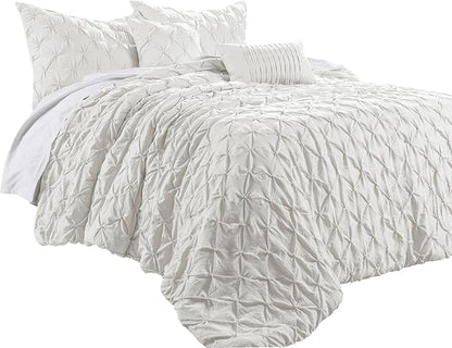 Lush Decor Ravello Pintuck Comforter Set - Luxe 5 Piece Textured Bedding Set - Traditional Glam & Farmhouse Inspired Bedroom Decor - King, White