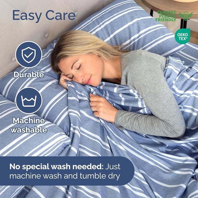 Short Queen Size 4 Piece Sheet Set - RV Short Queen, Soft, Breathable & Cooling Bed Sheets Set w/ Deep Pockets - Hotel Luxury Bedding for Women, Men, Kids, Teens, Boys & Girls, Oeko-Tex - Blue Stripes