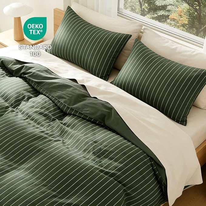 Striped Comforter Set Full Size - 3 Pieces Green White Striped Comforter Bedding Sets Checkered Pattern,Full Bed in a Bag with Stripes Comforter and 2 Pillowcases