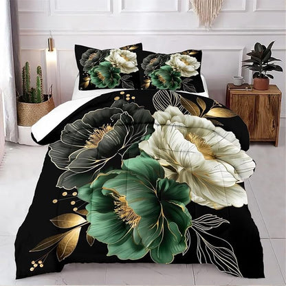 Floral Comforter Set Queen 3Pcs Black and Green Retro Flower Bedding Set Vintage Aesthetic Elegant Botanical Flowers Bedding Ultra Soft Lightweight Comforter Sets for All Season