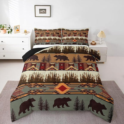 Feelyou Boho Comforter Set Toddler Size Bear Comforter for Boys Girls Teens Rustic Bedding Set Cabin Duvet Set Room Decor Olive Brown Quilt Set