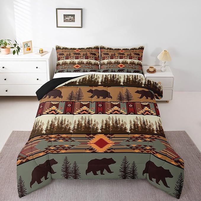 Feelyou Boho Comforter Set Queen Size Bear Comforter for Boys Girls Teens Rustic Bedding Set Cabin Duvet Set Room Decor Olive Brown Quilt Set