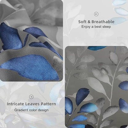 Anibedding Botanical Queen Comforter Set, 7 Piece Grey Blue Leaves Ultra Soft Microfiber Down Alternative Bedding Set with Sheets and Pillowcase for All Season