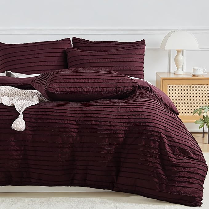 NEXHOME PRO Duvet Cover Full,3 Pieces Boho Tufted Duvet Cover Set, Soft and Lightweight 100% Washed Microfiber Comforter Cover Set for All Season(Burgundy,80 x 90)-No Comforter