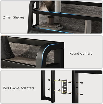 Queen Headboard Only with Storage, Upholstered Headboards for Queen Size Bed with LED Light, Charging Station, Height Adjustable, Sturdy and Stable Headboard, Black & Grey