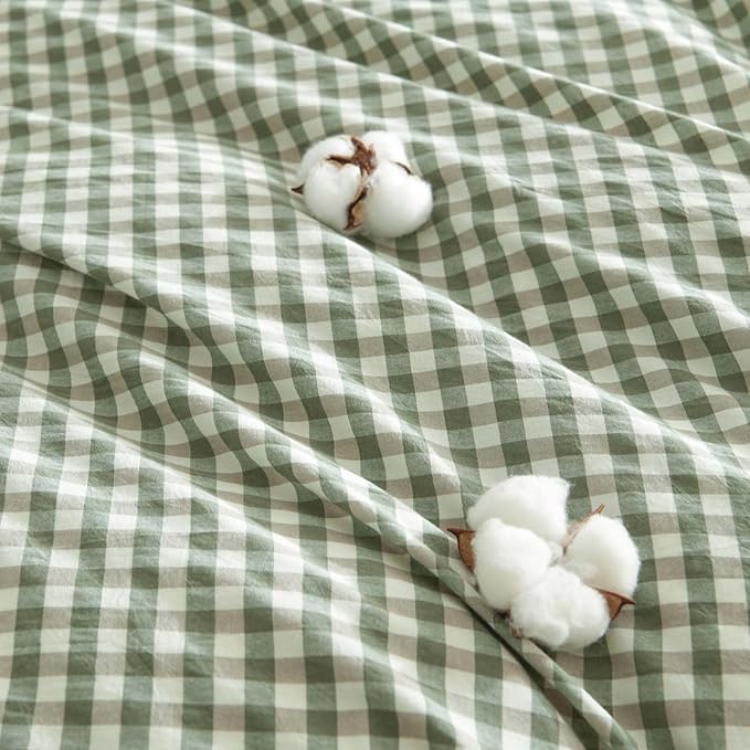 Nayoroom Gingham Duvet Cover Queen Size 100% Washed Cotton Green Plaid Checkered Comforter Cover 3 Pcs Soft Breathable Grid Farmhouse Dorm Bedding Set for All Seasons