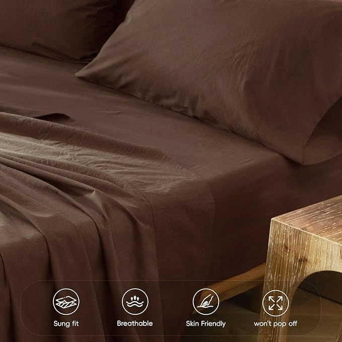 MooMee Fitted Bottom Sheet Only 100% Washed Cotton Linen Like Textured Breathable Durable Soft Comfy Deep Pocket Fits Mattress up to 17" (Cocoa Brown, Twin)