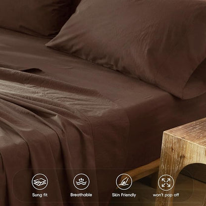 MooMee Fitted Bottom Sheet Only 100% Washed Cotton Linen Like Textured Breathable Durable Soft Comfy Deep Pocket Fits Mattress up to 17" (Cocoa Brown, Twin)