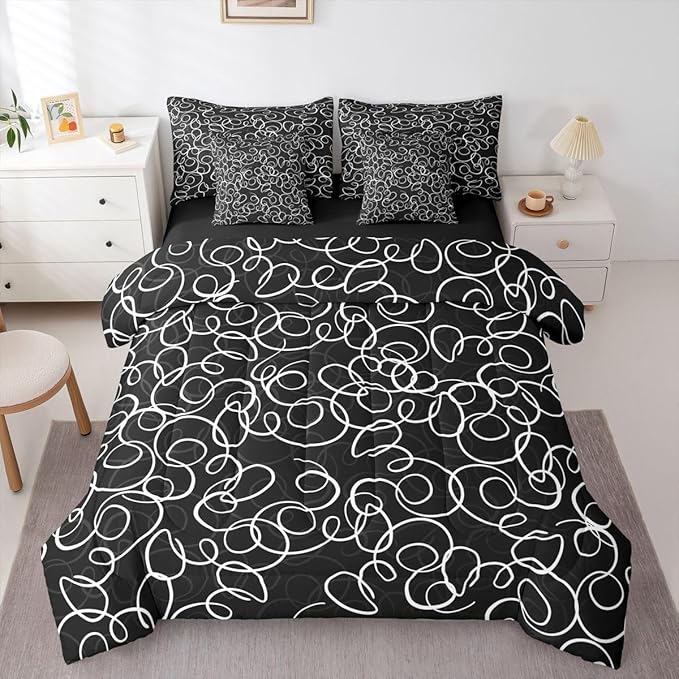 Erosebridal Black White Geometric 7 Piece Comforter Set King Abstract Line Modern Art Bedding Set for Kids Teens Boys Chic Swirls Bed in A Bag Texture Artwork Sheet Set Bedroom Decor