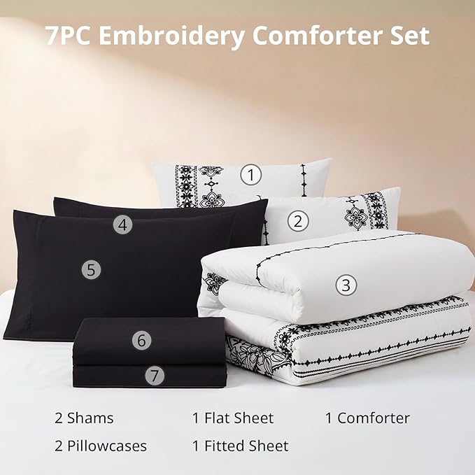 MaiRêve King Size Comforter Set Frost White, Embroidery Floral Western Boho Bedding Set, All Season 7 Pieces Bed in a Bag with Sheets, Pillowcases & Shams