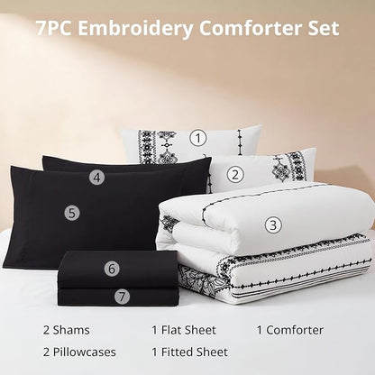 MaiRêve King Size Comforter Set Frost White, Embroidery Floral Western Boho Bedding Set, All Season 7 Pieces Bed in a Bag with Sheets, Pillowcases & Shams