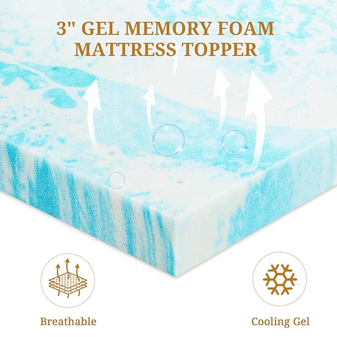 Mattress Topper Twin XL, 3 Inch Gel Infused Memory Foam Mattress Topper, Pressure Relief, Mattress Pad, Breathable Bed Topper, CertiPUR-US Certified