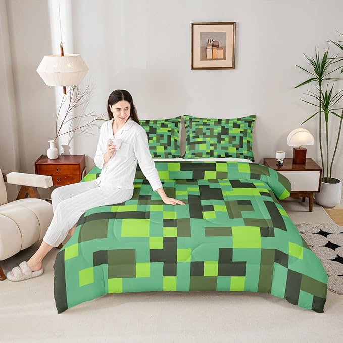 Pixel Grid Miners Comforter Set Full Size,Geometric Grid Patchwork Pixelated Kids Bedding Set,Cartoon Gamepad Video Games Quilt Comforter,Cyan Green Duvet Insert,2 Pillowcases