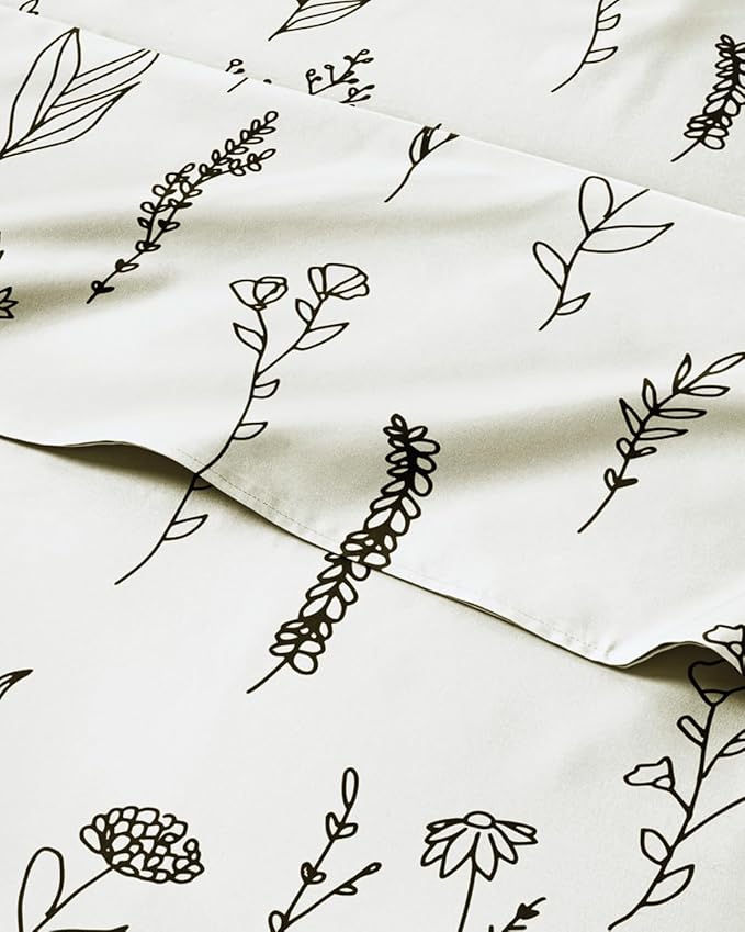 Floral Sheets - Black & White Floral Bed Sheet Set - 1 Flat, 1 Fitted & 1 Pillowcase w/ Deep Pockets - Comfy, Wrinkle & Fade Free - Boho Botanical Bedding - Breathable and Cooling - Twin XL Size Set