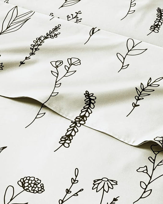 Floral Sheets - Black & White Floral Bed Sheet Set - 1 Flat, 1 Fitted & 1 Pillowcase w/ Deep Pockets - Comfy, Wrinkle & Fade Free - Boho Botanical Bedding - Breathable and Cooling - Twin XL Size Set
