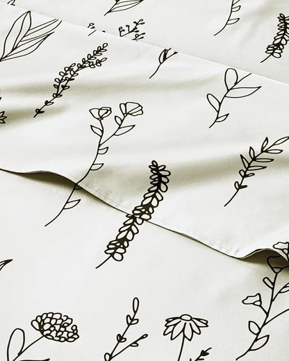 Floral Sheets - Black & White Floral Bed Sheet Set - 1 Flat, 2 Fitted & 2 Pillowcases w/ Deep Pockets - Wrinkle & Fade Free - Boho Botanical Bedding - Soft, Breathable & Cooling - Split King Size Set