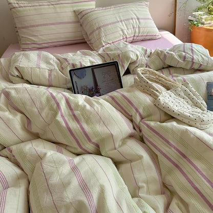 EAVD Vintage Style Striped Duvet Cover Twin Size Soft 100% Cotton Green Purple Vertical Stripes Pattern Bedding Set with 2 Pillowcases Reversible Farmhouse Geometric Duvet Cover with Zipper