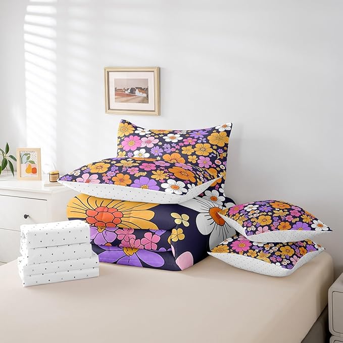 Castle Fairy Watercolor Flowers 7 Pieces Bedding Set King Bed in a Bag,Groovy Daisy 70s 80s Hippie Style Comforter Set,Purple Orange Flowers Rustic Style Soft Warm Microfiber Bedding