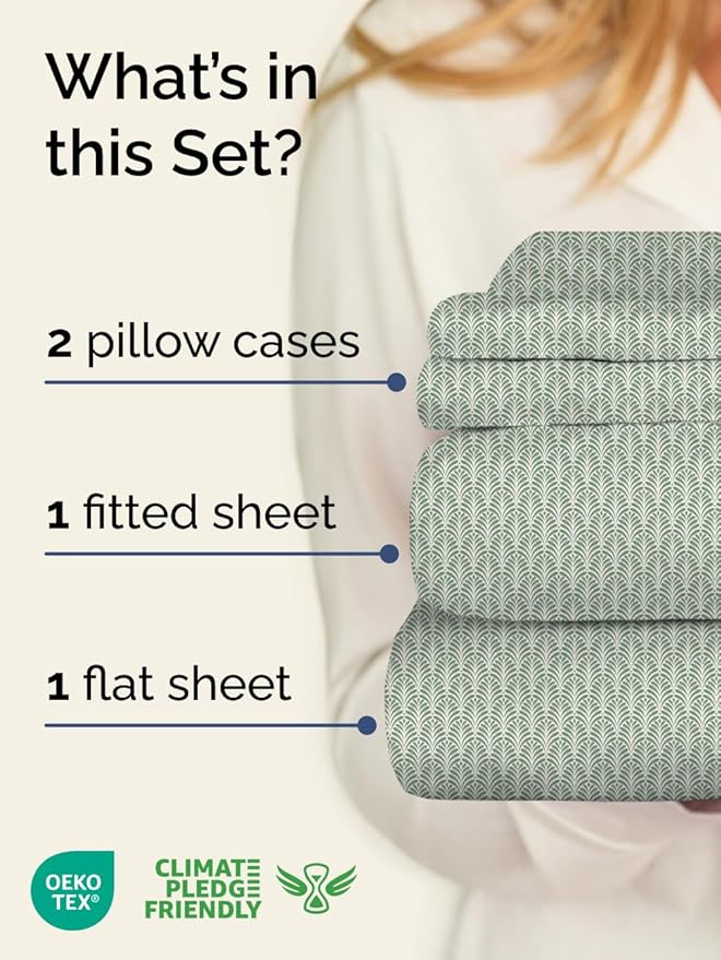 Floral Sheets - Green Floral Bed Sheet Set - 1 Flat, 1 Fitted & 2 Pillowcases w/ Deep Pockets - Comfy, Cozy, Wrinkle & Fade Free - Boho Botanical Bedding - Soft, Breathable & Cooling - Queen Size Set