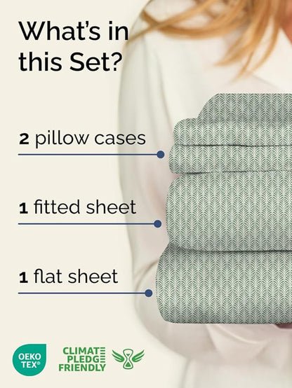 Floral Sheets - Green Floral Bed Sheet Set - 1 Flat, 1 Fitted & 2 Pillowcases w/ Deep Pockets - Comfy, Cozy, Wrinkle & Fade Free - Boho Botanical Bedding - Soft, Breathable & Cooling - Queen Size Set