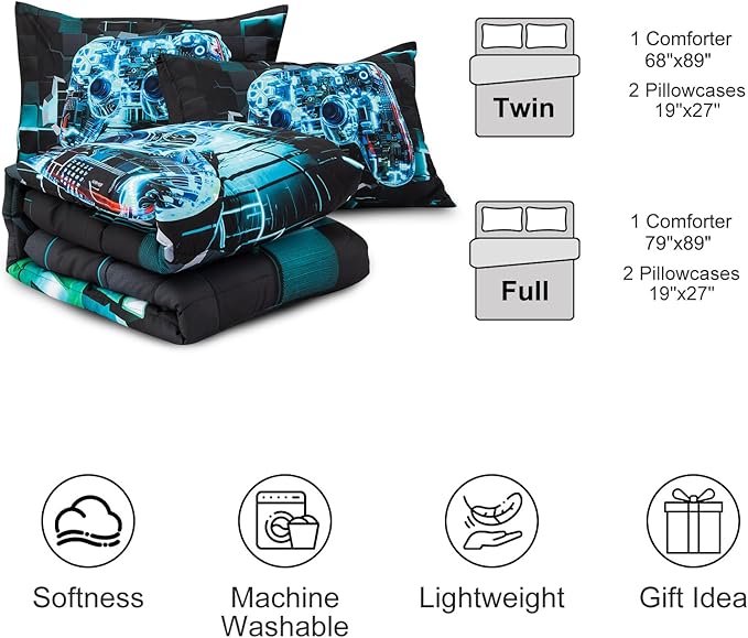 Aimuan Gamer Gaming Bedding Sets 3D Gamepad Comforter Sets for Boys Games Console Action Buttons Novelty Colorful Game Controller Modern Room Decor Home Quilt Set (Cyan, Twin 3PCS)
