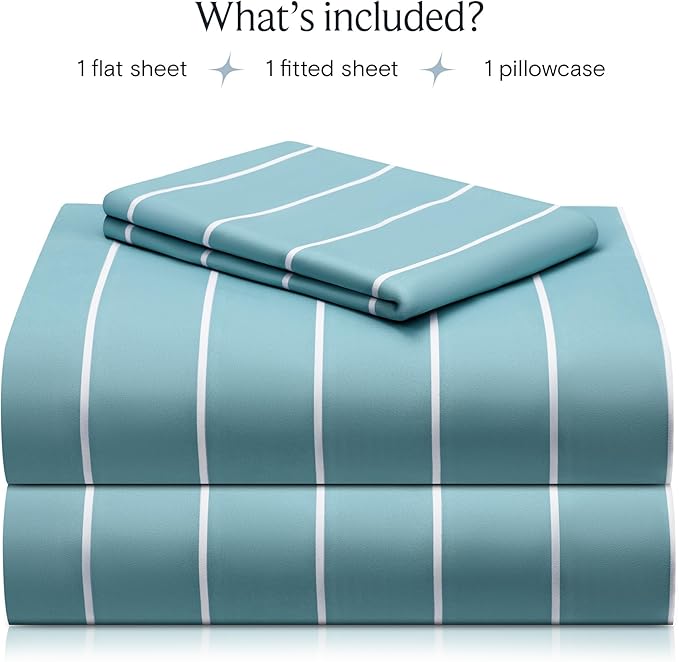 LuxClub Striped Sheets, 3 PC Striped Bed Sheets Twin Size, Deep Pockets 18" Eco Friendly Wrinkle Free-Kids-Fitted Sheets Machine Washable Hotel Bedding (Twin, Light Blue)