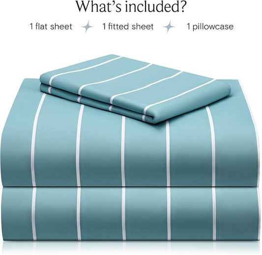 LuxClub Striped Sheets, 3 PC Striped Bed Sheets Twin Size, Deep Pockets 18" Eco Friendly Wrinkle Free-Kids-Fitted Sheets Machine Washable Hotel Bedding (Twin, Light Blue)