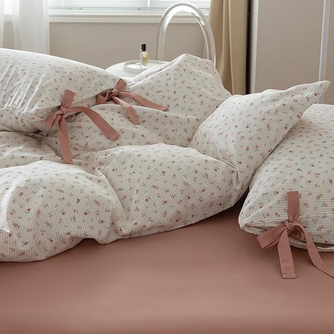 HighBuy Farmhouse Comforter Set King Botanical Floral Bedding Comforters King for Teen Girls with 2 Bowknot Bow Tie Pillowcases Fluffy Soft Comforter Cozy,All Season Comfy Striped Comforter